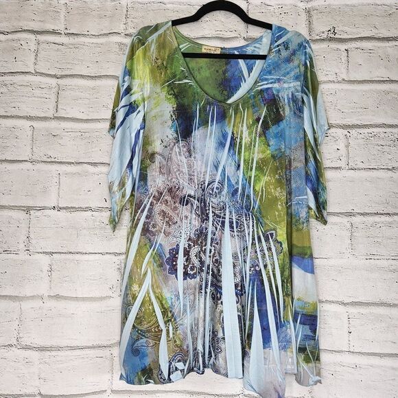 One World 1X Tunic Womans Multicolor Stripe Short Sleeves Stretch Pullover - Picture 1 of 11